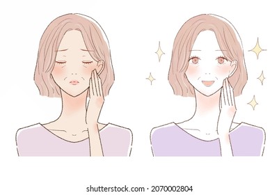 Before and after of middle-aged women suffering from sunburn. On white background.