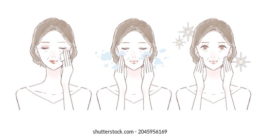 Before and after of middle-aged women who remove makeup. On white background.