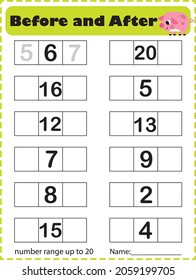 Before and after number for preschool kids. Learning numbers.  A math number worksheet illustration.