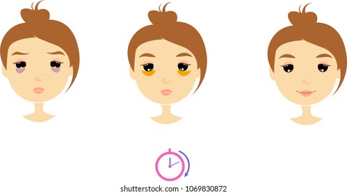 Before after personal skin care illustration vector girl face eye patch morning routine beauty products cartoon style