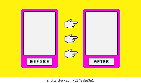 Before and after pixel game template. Rectangle frames for photo comparison. Competition layout borders with vibrant y2k 90s style decoration. Empty vs challenge. Vector background illustration.
