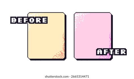 Antes y después de la Plantilla del juego de píxeles. Marcos rectangulares para la comparación de fotos. Fronteras de diseño de competencia con vibrante decoración de estilo y2k 90s. Vacío vs desafío. Ilustración de fondo de Vector.