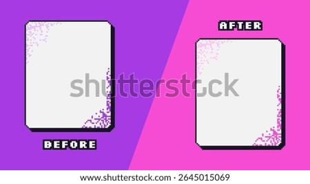 Before and after pixel game template. Rectangle frames for photo comparison. Competition layout borders with vibrant y2k style decoration. Empty vs challenge. Vector background illustration.