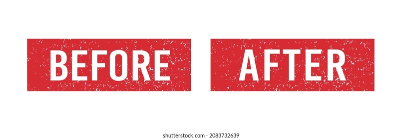 Before and after red grunge rubber stamps. Seals with words Before and After. Grunge vintage square labels. Set of vector illustrations isolated on white background.
