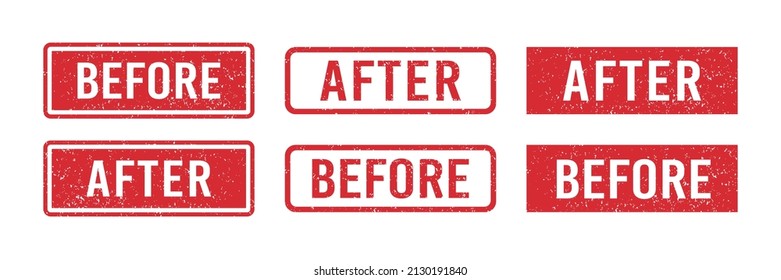 Before and after red grunge rubber stamps. Seals with words Before and After. Grunge vintage square labels. Set of vector illustrations isolated on white background.