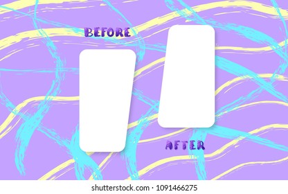 Before and After screen with brush lines background and handwritten lettering. Comparison banner with empty space. Template for graphic design. Vector illustration.
