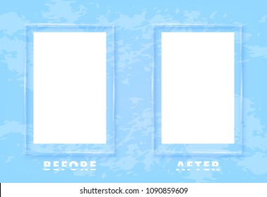 Before and After screen with sliced text and frames. Comparison blue banner with empty space and textured background. Template for graphic design. Vector illustration.