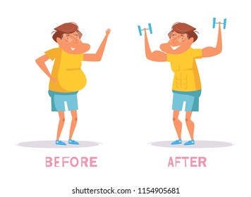 Before, after, sport Vector. Cartoon. Isolated art on white background. Flat
