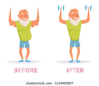 Before, after, sport Vector. Cartoon. Isolated art on white background. Flat