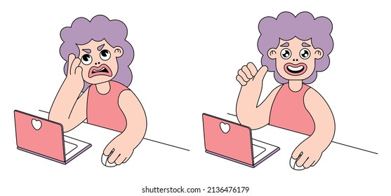 Before And After Style Illustration With A Happy And Unhappy Woman Using A Computer. Funny Cartoon Woman Is Sitting At The Computer. Isolated Image On White Background, Vector.