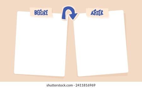 Before and After template. Background for graphic design. Comparison card with collage arrow, frames and copy space. Vector illustration.