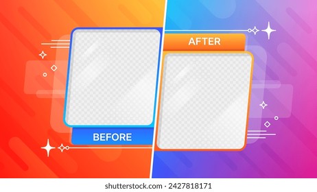 Before after template with comparison frames, vector thin line stars and sparkles. Social media banner layout, fashion, business, sport and beauty story before and after comparative screens, web post