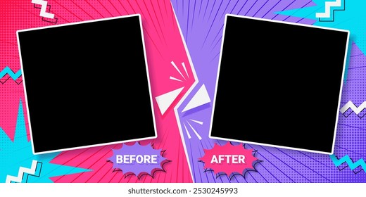 Before after template featuring vibrant vector borders or photo frames for comparison in colorful retro comic pop art or Memphis style with dynamic pink, blue and purple halftone backgrounds