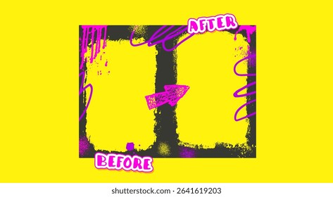 Before and after template. Graffiti frames for photo comparison. Competition layout borders with grunge vibrant paint decoration. Empty vs challenge concept. Vector background hand drawn illustration.