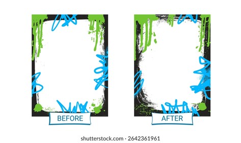 Before and after template. Graffiti frames for photo comparison. Competition layout borders with grunge vibrant paint decoration. Empty vs challenge game concept. Vector background.