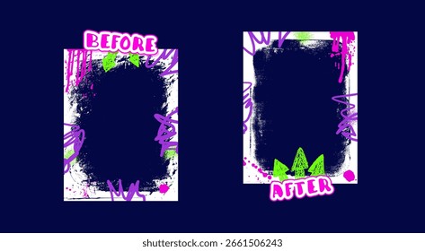 Antes e depois do modelo. Grafite de quadros ásperos para comparação de fotos. Bordas de layout de competição com decoração de pintura vibrante grunge. Vazio vs desafio. Ilustração desenhada à mão do plano de fundo do vetor.