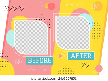 Before after template. Vector borders or photo frames for comparison in retro comic style, social media layouts, yellow and pink color background with Memphis style pattern and transparent copy space