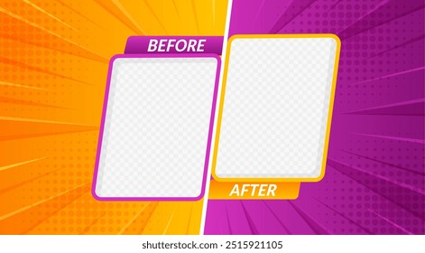 Before after template. Vibrant borders or photo frames for comparison in cartoon retro comic style with dynamic orange and purple halftone backgrounds, showcasing transformations or progress changes