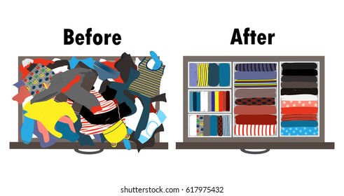 Before and after tidying up kids wardrobe in drawer. Messy clothes and nicely arranged clothes in piles.