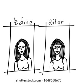 Antes y después del proceso de transformación. Procedimientos de belleza para mujeres, corte de pelo, parte lateral. Ilustración vectorial en estilo doodle.