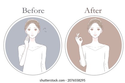 Before and after of the troubled woman. OK sign. On white background.