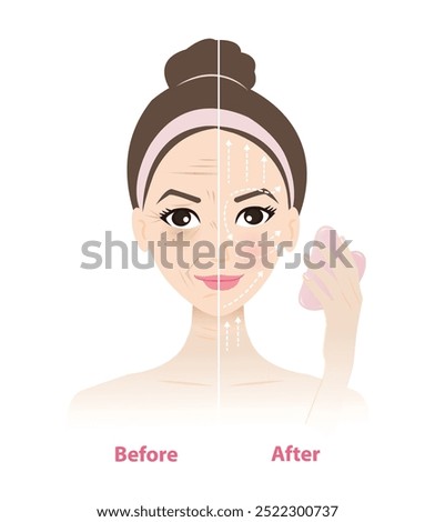 Before and after use Gua sha massage tool on woman face vector illustration on white background. Reduce wrinkles, puffiness, dark circle under eyes, lift, firm face contour, improve circulation skin.