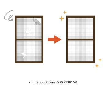 Before and after vector illustration of a torn screen door