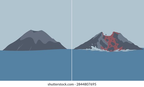 Before and After Volcano Eruption Flat Vector Illustration, Dormant and Active Island Mountain Comparison Concept, Red Hot Magma Lava Flowing into Ocean Natural Disaster Design