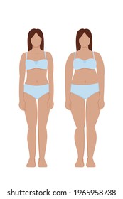 before and after. weight gain and weight loss. thin and fat woman. stock vector illustration isolated on white background.