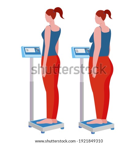 
before and after. weight gain and weight loss. thin and fat woman on the scales. electronic scales. stock vector illustration isolated on white background.