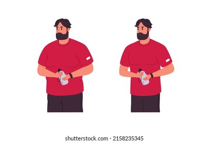 Before and after weight loss comparison, body transformation from fat obese to slim slender concept. Man figure transforming due to water, gym. Flat vector illustration isolated on white background