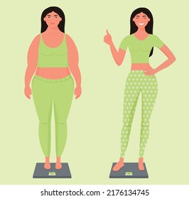 Before and after weight loss concept. Young sad overweight woman and happy woman with a slender body standing on a scale. Fat and slender girls vector illustration. Slim posture and obesity