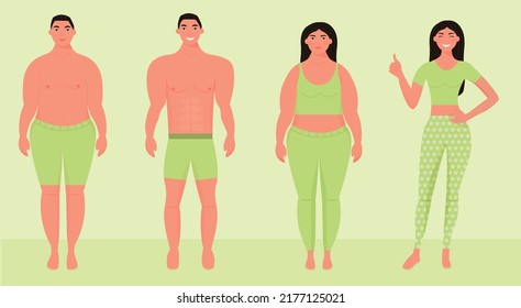 Before and after weight loss concept. Sad overweight man and woman, happy with a slender body. Vector illustration. Slim posture and obesity set, sport fitness