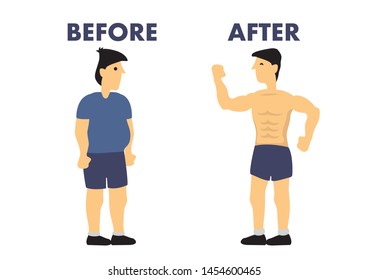 Before and after weight loss different of man’s body. Concept of slimming, weight loss or success bodybuilding. Isolated vector illustration.