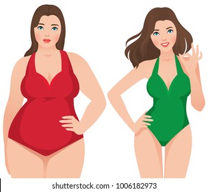 Before and after weight loss fat and slim woman on a white background vector illustration