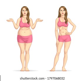 Before and After Weight Loss Fat and Slim Female, Vector EPS 10
