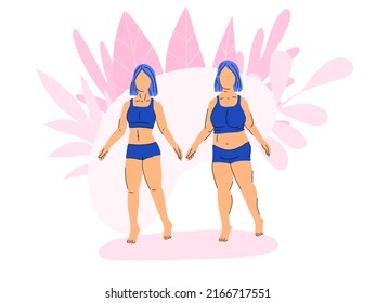 before and after weight loss, Fat and slim woman. Overweight, obesity, weight loss, success, before and after. Healthy lifestyle, sports, diet. Vector illustration on white background.