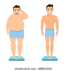 Before and after weight loss. Fat man and healthy fitness man on scales vector illustration