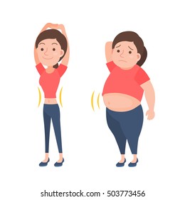 Before and after weight loss fat and slim woman on a white background vector illustration