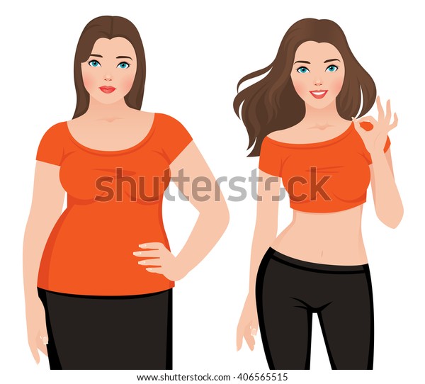 白い背景に痩せた太った女性とスリムな女性の前後のベクターイラスト のベクター画像素材 ロイヤリティフリー