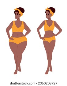 Before and after weight loss. Overweight African American woman standing in front of thin, slim, toned woman. Fat and overweight figure concept. Vector illustration