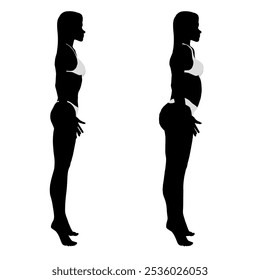 Before and after weight loss silhouette. An overweight girl stands in side of thin, slender, fit woman. Lifestyle Healthcare concept character pose side character animation silhouette vector design