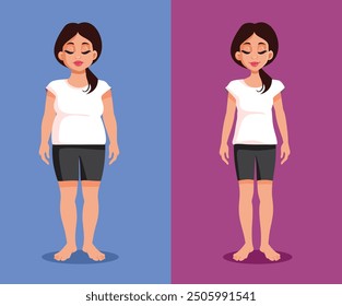 
Before and After Weight Loss Transformation Vector Cartoon Illustration. Full body girl overcoming obesity through healthy diet 
