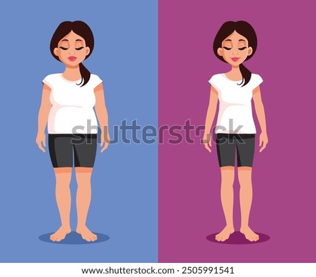 
Before and After Weight Loss Transformation Vector Cartoon Illustration. Full body girl overcoming obesity through healthy diet 
