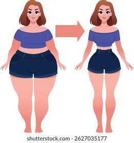 Before and after weight loss young woman on a white background cartoon vector illustration
