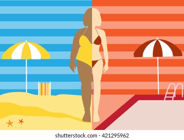 Before and after of woman exercise changes in swimsuit on summer ,Vector illustrations