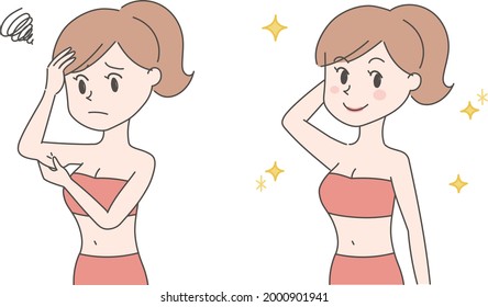 The before and after of a woman losing more upper arms fat. Vector illustration isolated on a red background.