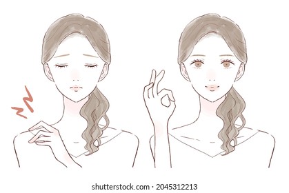 Before and after of a woman suffering from stiff shoulders. On a white background.