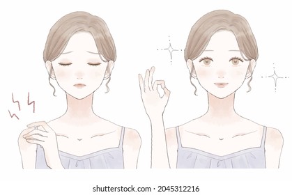 Before and after of a woman suffering from stiff shoulders. On a white background.