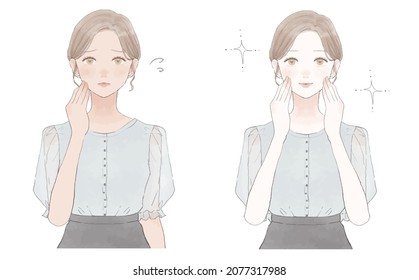 Before and after of a woman suffering from sunburn. On white background.